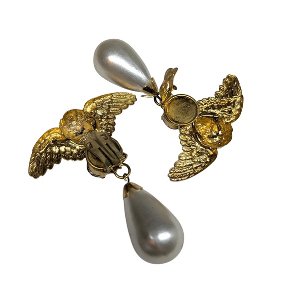 Vintage 80s Earrings Oversize Cherub Angel Clip Statement Faux Pearl Teardrop - Picture 8 of 8